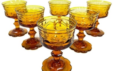 6 Bohemian Amber Gold Cut Glass 4 ounce Wine Goblets, 19th Century