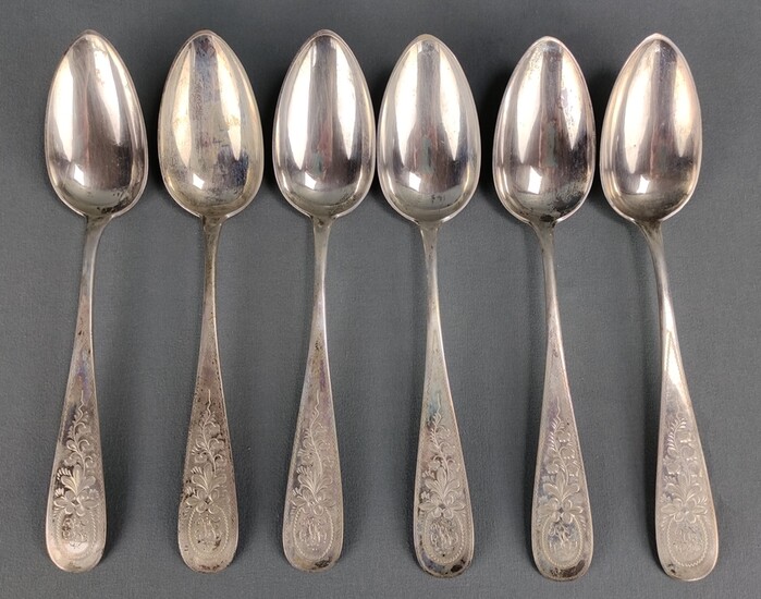 6 soup spoons, silver 800, rounded handle with chased floral decoration, marked "14 Jun 1892", in c