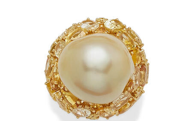 A cultured pearl, colored sapphire and 18k gold ring,, DSL