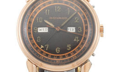 Movado. A rose gold plated and stainless steel manual wind triple calendar wristwatch