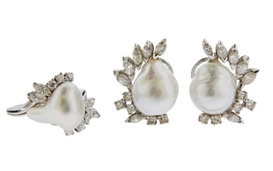 18k Gold Baroque Pearl Diamond Ring Earrings Set