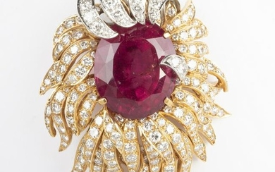 18k Yellow and White Gold, Rubelite and Diamond Brooch