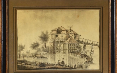 71 Jean Baptiste PILLEMENT (Ecole de) (1728-1808) Moulin à eau avec pécheurs et villageois Pierre...