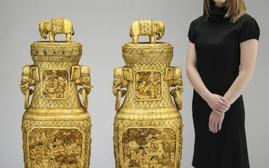 (2) Chinese carved bone One Hundred Boys vases
