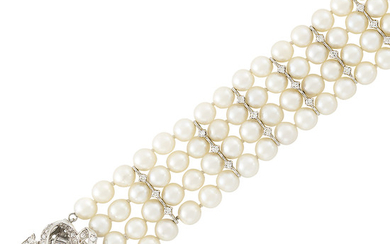 Four Strand Cultured Pearl, White Gold and Diamond Bracelet