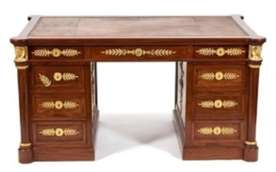 An French Empire Style Gilt Bronze Mounted Mahogany Pedestal Desk