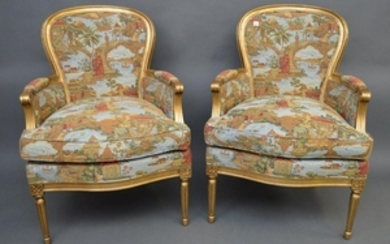 Pair French gilded frame Bergeres with chinoiserie