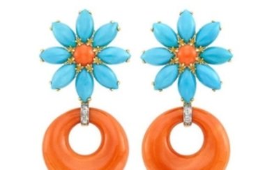 Pair of Gold, Coral, Turquoise and Diamond Flower Hoop Pendant-Earclips