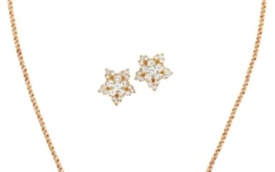 Pair of Gold and Diamond Earrings and Necklace