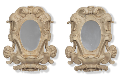 A PAIR OF GREY-PAINTED MIRRORS, EARLY 20TH CENTURY, OF BAROQUE-STYLE