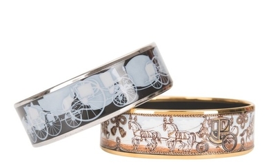 Hermès Set of Two Horse and Carriage Themed Wide Printed Enamel Bracelets Size PM (65)