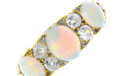 A late Victorian 18ct gold opal and diamond three-stone ring. View more details
