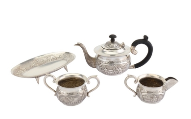 A mid-20th century Indian Raj unmarked silver four-piece tea service, South Indian circa 1950