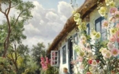 Peder Mønsted: A summer day with hollyhocks in front of the farm house. Signed and dated P. Mønsted Strøby 1935. Oil on canvas. 61 x 40 cm.