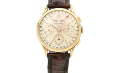 Longines. An 18K gold manual wind triple calendar chronograph wristwatch