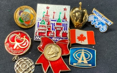 9 Vtg Russian & Chinese Souvenir Pins, Sterling+