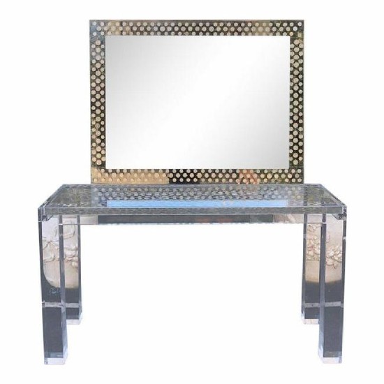 Very Rare Vintage Lucite Console Table & Mirror W Coin