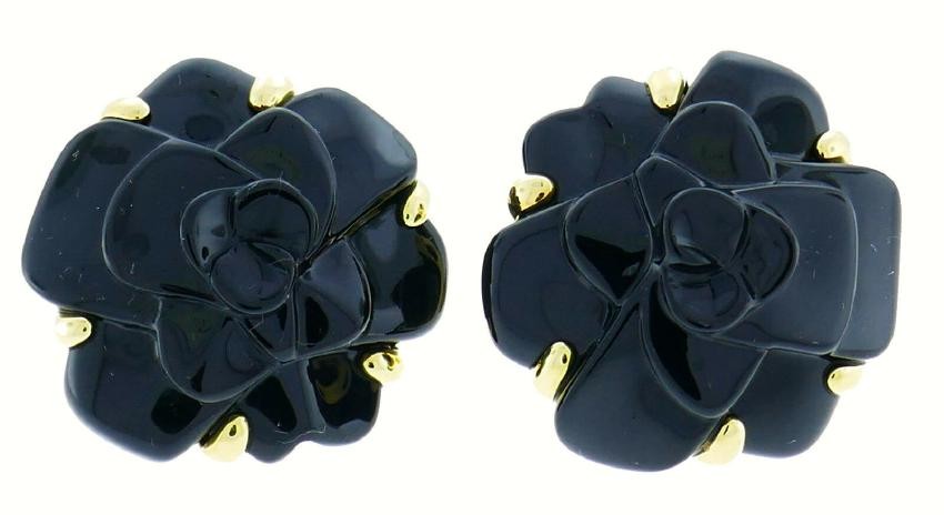 CHANEL Black Onyx Gold Camellia EARRINGS Collectable
