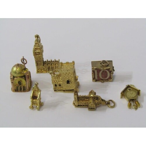 9ct YELLOW GOLD CHARMS, including Big Ben, opening church wi...