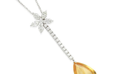 A 14K WHITE GOLD, DIAMOND AND CITRINE DROP NECKLACE