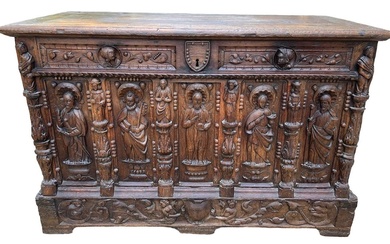 A 16TH CENTURY FRENCH, OAK COFFER with hinged lid...