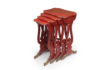 A 19TH CENTURY CHINESE RED LACQUERED AND GILT DECORATED NEST OF TABLES