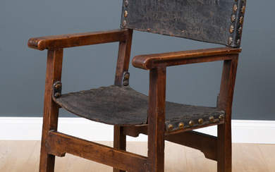 A 19th century Spanish walnut and leather side chair