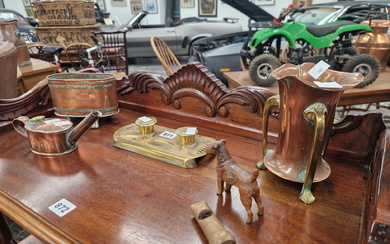 A BRASS INKSTAND, TWO COPPER VASES, A COPPER OIL POURER, A COLD PAINTED AIREDALE AND A WOODEN