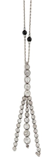 A Belle Epoque diamond tassel drop and necklace, the pendant composed of a line of five millegrain-set graduated diamonds, suspending a central graduated row of articulated collet-set diamonds flanked by two smaller uniform rows, terminal stones...