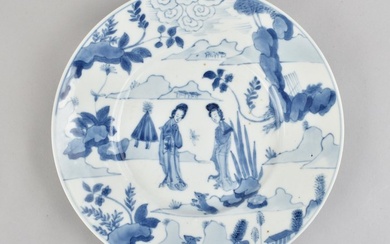 A CHINESE BLUE AND WHITE DISHE DECORATED WITH CHINESE LADIES AND A RABBIT - Porcelain - China - Kangxi (1662-1722)