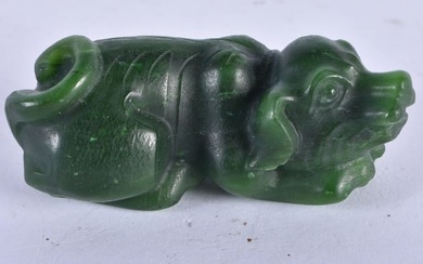 A CHINESE CARVED GREEN JADE TYPE ANIMAL 20th Century. 91.8 grams. 7 cm x 3 cm.