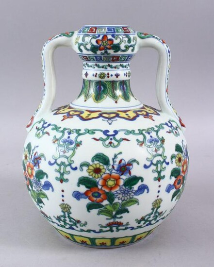 A CHINESE DOUCAI PORCELAIN TWIN HANDLE VASE, the body
