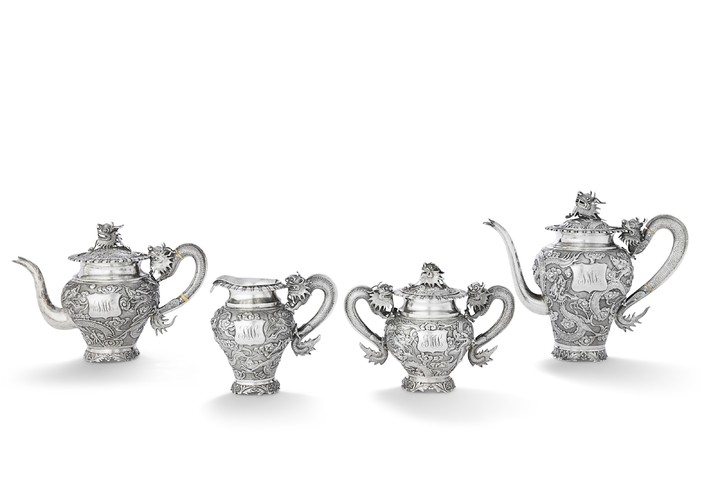 A CHINESE EXPORT SILVER FOUR-PIECE TEA AND COFFEE SERVICE, MARK OF PAN KUN JI , CANTON, RETAILED BY CUMSHING, CANTON, CIRCA 1870