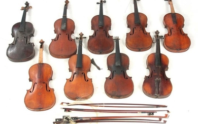 A COLLECTION OF 9 VIOLINS AND 8 VIOLIN BOWS includ