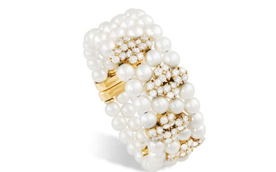 A CULTURED PEARL AND DIAMOND CUFF BANGLE, BY...