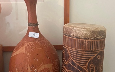 A Carved African Gourd & a Tribal Drum