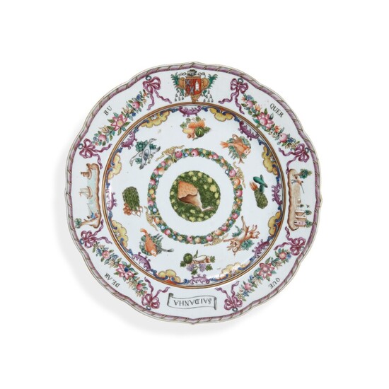 A Chinese Export Armorial Plate for the Portuguese Market Qing Dynasty, Qianlong Period, Circa 1765 | 清乾隆 約1765年 粉彩紋章圖盤