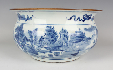 A Chinese blue and white porcelain censer, Kangxi style but probably late 19th century, of circular