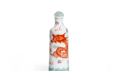 A Chinese famille rose and iron-red 'dragon' cylindrical snuff bottle Qing dynasty,...