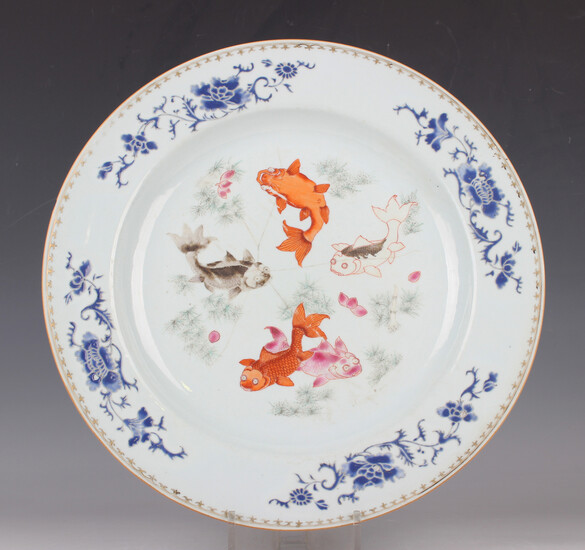 A Chinese famille rose export porcelain circular dish, mid-18th century, the centre painted with fiv
