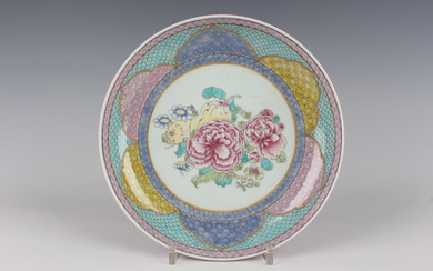 A Chinese famille rose ruby back porcelain saucer dish, Yongzheng style but 20th century or later, t