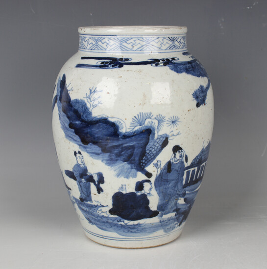 A Chinese provincial blue and white porcelain vase, painted in the Transitional style with figures i