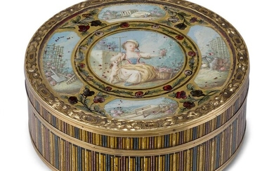 A Continental gilt-metal mounted tortoiseshell snuff box, early 19th century, of circular form painted with polychrome striped design, the cover with central panel painted with a young girl picking pink roses and vignettes of garden tools and...