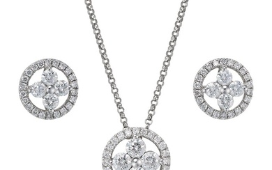 A DIAMOND PENDANT NECKLACE AND EARRINGS SUITE the circular pendant set with four round brilliant cut