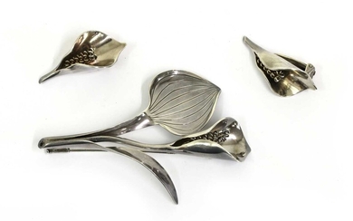 A Danish silver calla lily brooch and earrings suite, by Anton Michelsen