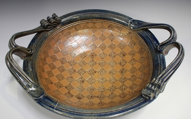 A David Osborne studio pottery two-handled circular bowl, the interior decorated with a checkerboard