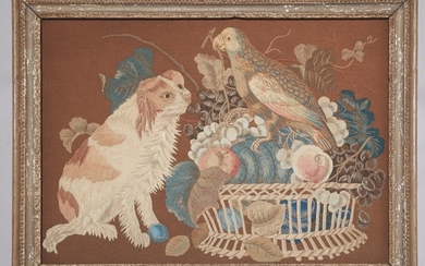 A FELT AND EMBROIDERY PANEL DEPICTING A DOG AND A PARROT, 19TH CENTURY