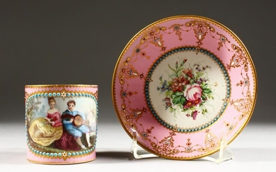 A FINE 19TH CENTURY SEVRES CUP AND SAUCER, rose