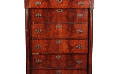 A FRENCH EMPIRE FLAME MAHOGANY TALL CHEST OF DRAWERS 19th c...