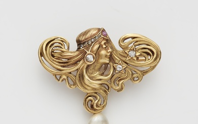 A French Art Nouveau 18k gold, diamond ruby and pearl pendant brooch.